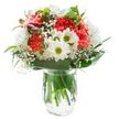 With the light, joyful feel of a St John's Wood morning, this elegant bouquet offers a fresh burst of colour and gentle charm, fit for any occasion. Presented in a transparent glass vase that allows the sturdy green stems to be admired beneath the water's clear surface, the arrangement thrives on a harmonious palette. At its heart, coral-pink carnations with their plush, ruffled petals convey playfulness and celebration, while snowy white chrysanthemums create soft, abundant fullness that soothes the senses. Scattered throughout, pristine daisies with bright yellow-green centres infuse the arrangement with a pure, almost whimsical innocence. Baby's breath weaves through, adding a feathery, cloud-like texture that softens every edge. A cluster of magenta alstroemeria buds peeks shyly from one side, introducing a gentle pop of colour and hinting at more beauty to come. A neat collar of vivid, glossy green leaves envelops the bouquet, enhancing the vibrancy and completing the composition. The use of bright, balanced lighting and a clean white background ensures every hue and detail stands out. Perfect for birthdays, heartfelt gratitude, or any cheerful gesture, and available for convenient delivery to homes and businesses throughout St John's Wood, this bouquet captures the neighbourhood's refined yet welcoming spirit, bringing a little local delight into every room.
